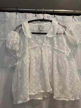Maeve White Sheer Lace Peasant Blouse with Peter Pan Collar